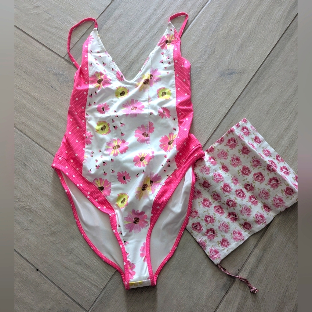 LoveShackFancy Pink and White Floral Swimsuit